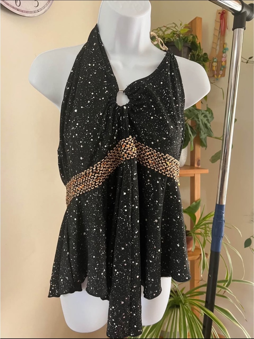 Black Halter Sequin Accent Women's Top